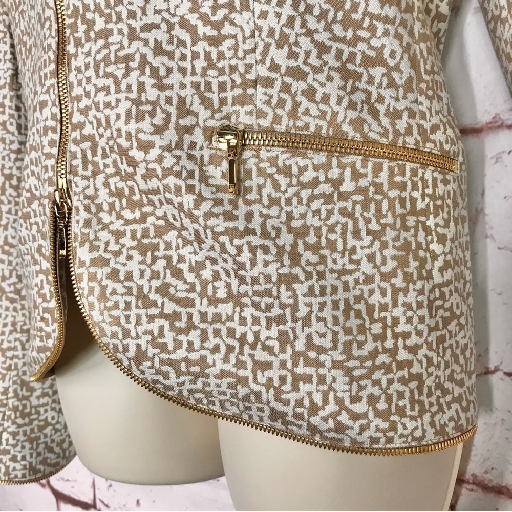 ESCADA M Tan & Cream print Gold Zipper detail Moto vibe Size EU 44 jacket blazer - Picture 5 of 15